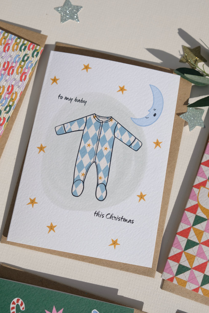 Baby's First Christmas Card Blue Harlequin