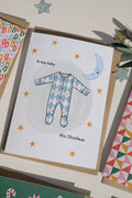 Baby's First Christmas Card Blue Harlequin