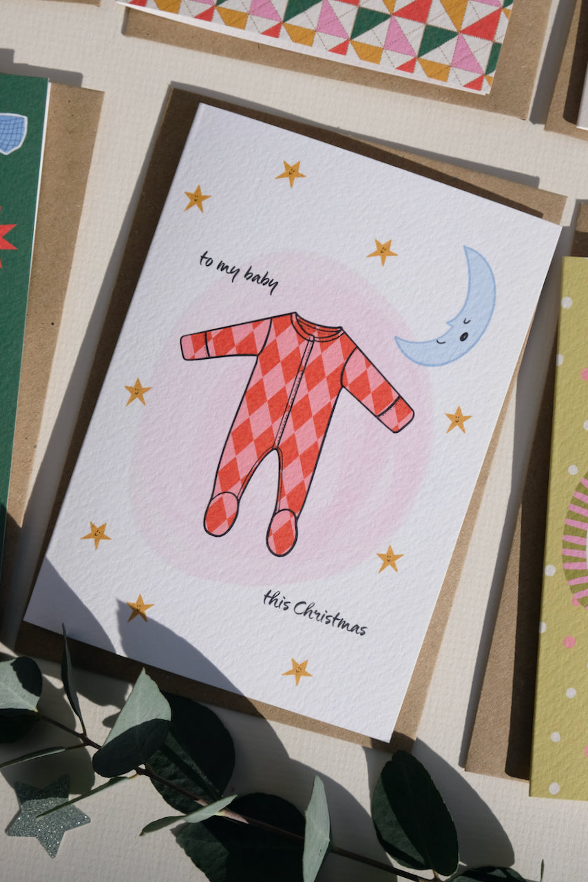 Baby's First Christmas Card Red and Pink Harlequin