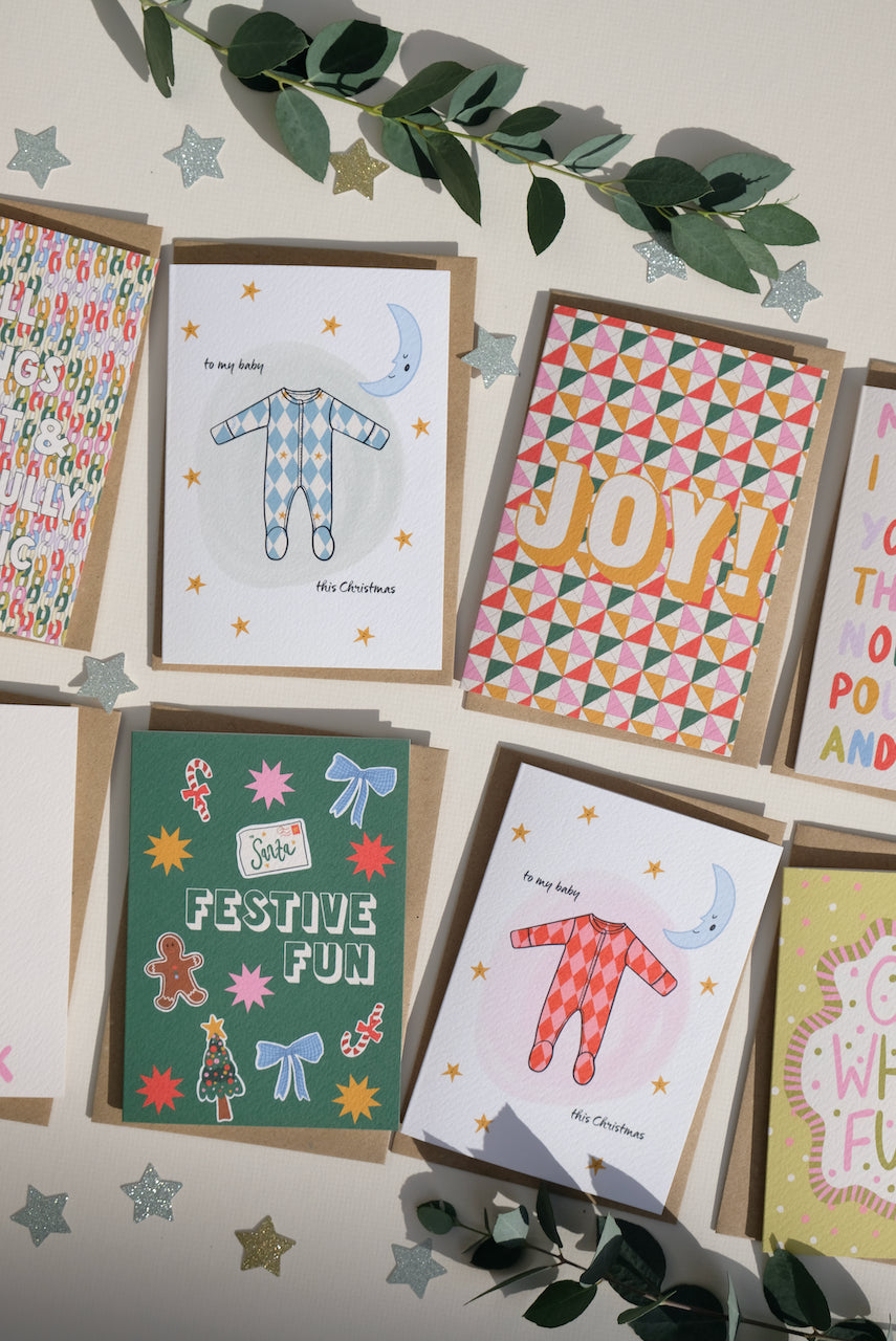 Baby's First Christmas Card Blue Harlequin
