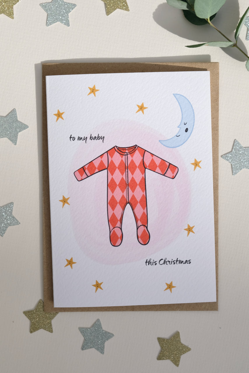 Baby's First Christmas Card Red and Pink Harlequin