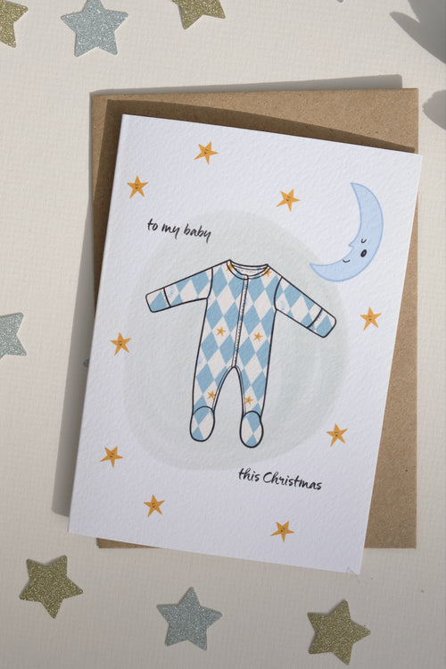 Baby's First Christmas Card Blue Harlequin